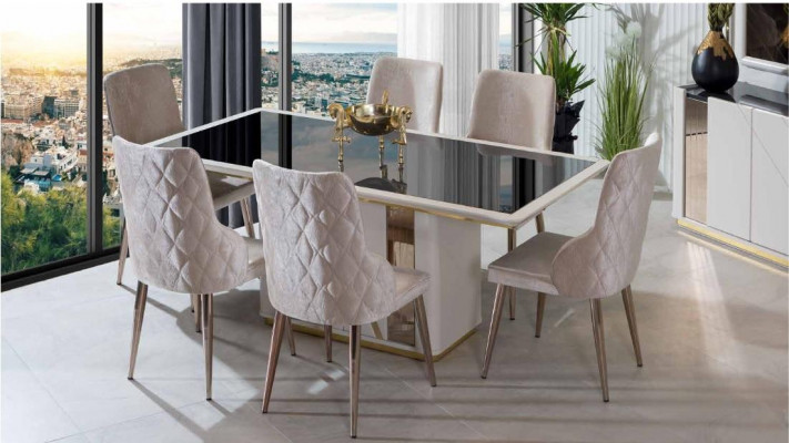 Ensemble salle à manger en acier inoxydable beige comprenant une table à manger design et 6 chaises, commode.