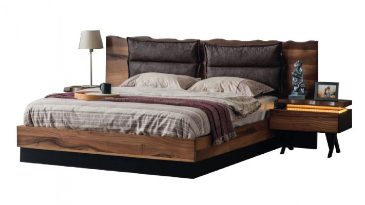 Ensemble moderne de chambre à coucher en bois, lit double, console de nuit, 5 pièces.