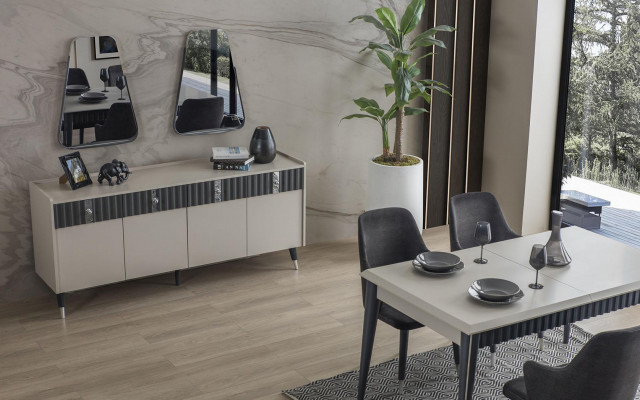 Ensemble de salle à manger moderne Table à manger rectangulaire 6x Chaises Buffet 2x Miroir