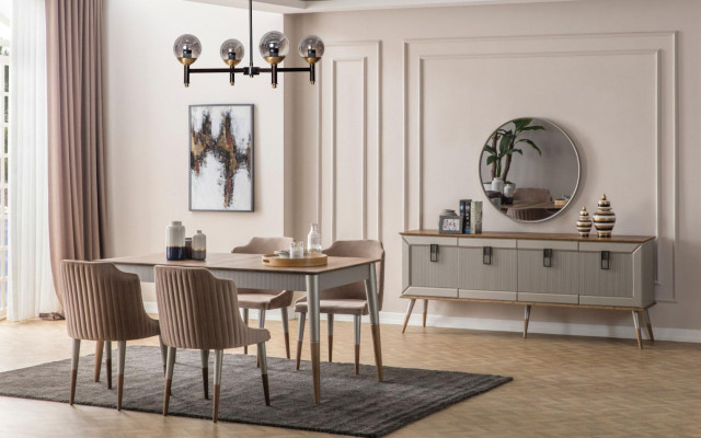 Ensemble de salle à manger beige Table en bois rectangulaire Chaises rembourrées 6x 7 pièces