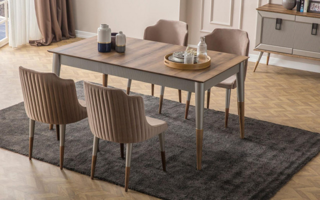 Ensemble de salle à manger beige Table en bois rectangulaire Chaises rembourrées 6x 7 pièces