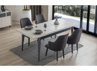 Table à manger rectangulaire blanche design 6 chaises rembourrées grises ensemble de 7 pièces.