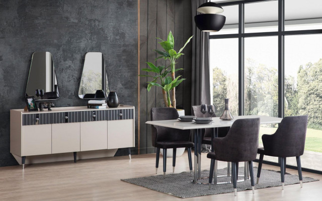 Table à manger rectangulaire blanche design 6 chaises rembourrées grises ensemble de 7 pièces.