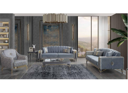 Luxueux ensemble de canapé en tissu gris Chesterfield pour le salon 3 places pliante de fauteuil textile
