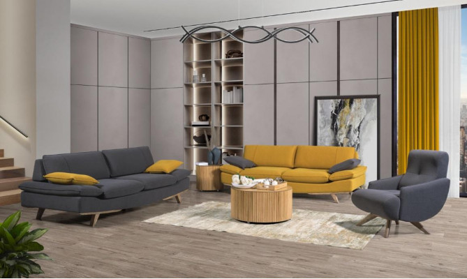 Salon gris-jaune mobilier de luxe 2x canapés 3 places fauteuil individuel 3 pièces
