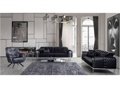 Ensemble de sièges pour salon noir-gris composé d'un canapé 3 places et de deux fauteuils.