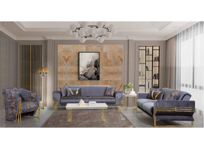 Ensemble de salon HellBlue Set Designer 3 places Fauteuil luxueux Table basse