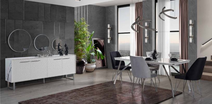 Mobilier de salle à manger gris et blanc commode table à manger chaises rembourrées luxueuses