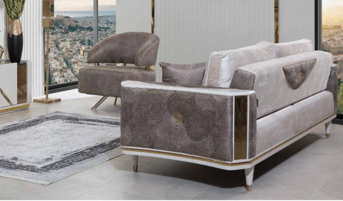 Ensemble de salon moderne, designer beige, trois places, fauteuil, table basse