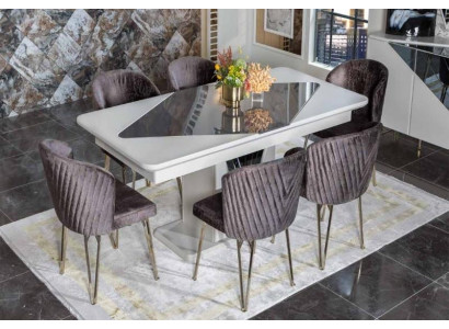 Table à manger blanche Designer x6 Chaises en textile violet foncé Ensemble salle à manger