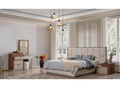 Suite de chambre beige Lits luxueux rembourrés Tables de chevet Armoire