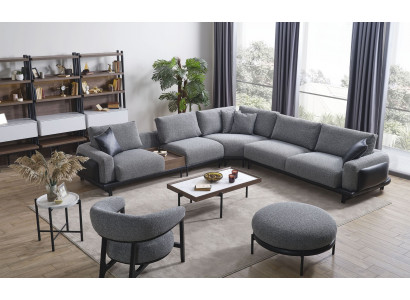 Salon de luxe gris Suite Salon coin canapé en forme de L canapé Fauteuil en tissu 3 pièces