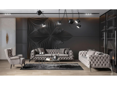 Salon gris clair Ensemble de canapé Chesterfield 4+3 Fauteuil Fauteuil de luxe