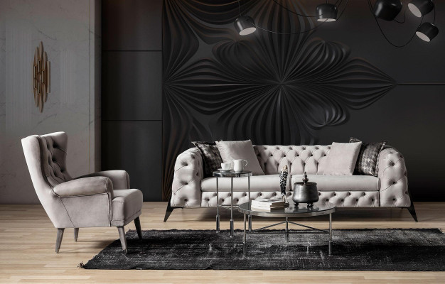 Salon gris clair Ensemble de canapé Chesterfield 4+3 Fauteuil Fauteuil de luxe