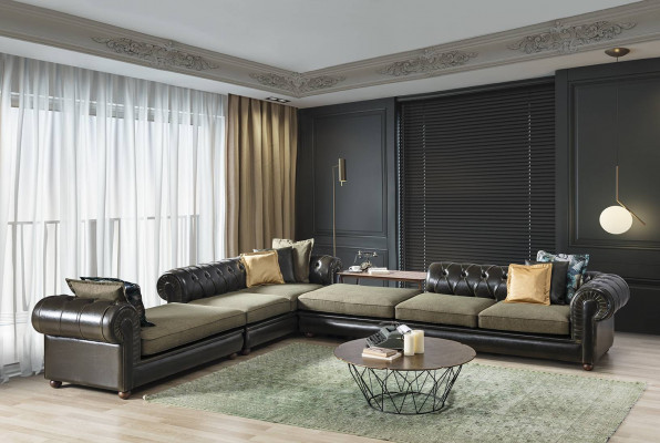 Salon Chesterfield en forme de L vert-noir Canapé Rembourré Canapés neufs
