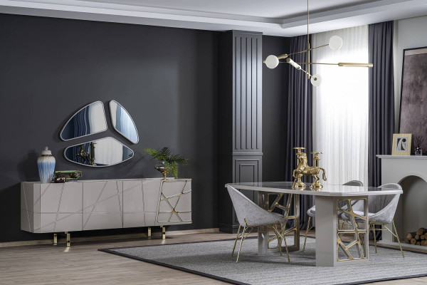 Mobilier de salle à manger gris, ensemble de salle à manger luxueux, table à manger 4 chaises, buffet