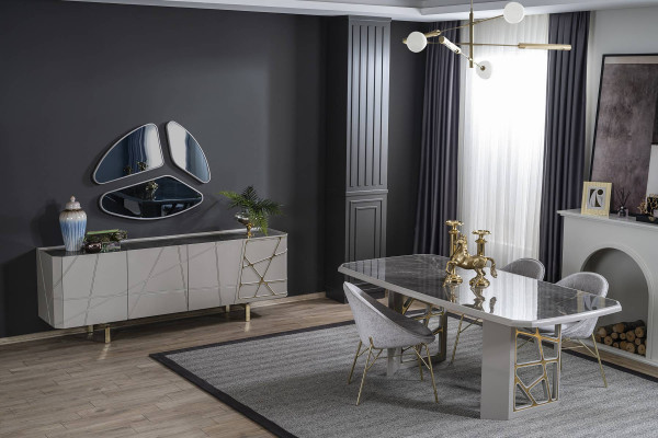 Mobilier de salle à manger gris, ensemble de salle à manger luxueux, table à manger 4 chaises, buffet