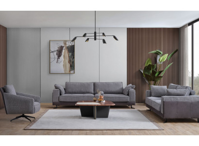 Salon gris rembourré de quatre places avec canapé trois places et fauteuil en tissu