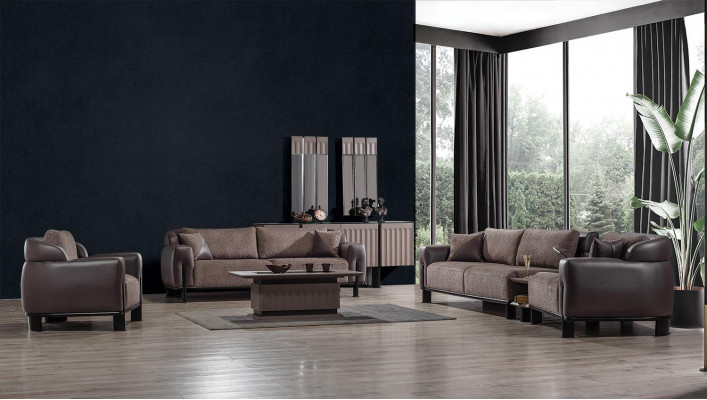 Salon marron Ensemble de canapé en cuir 3 places Fauteuil Table basse 4 pièces
