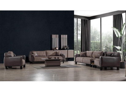 Salon marron Ensemble de canapé en cuir 3 places Fauteuil Table basse 4 pièces