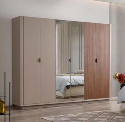 Armoire beige pour chambre, armoires à portes en verre 6 portes.