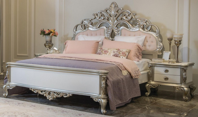 Meubles de lit en argent rose, design de meubles de chambre à coucher de luxe, lits baroques en bois.