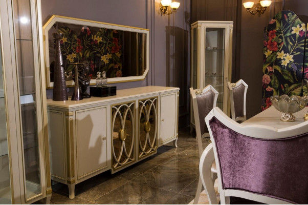 Set de salle à manger de design 8 pièces Table de salle à manger Chaise Commode Vitrine Tabouret Bois