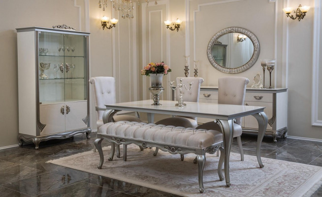 Salle à manger Ensemble 9pcs Table à manger Chaise Commode Vitrine Miroir Tables à manger Bois