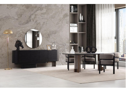 Suite de salle à manger design Table de salle à manger 6x Chaises Buffet Miroir 9 pièces