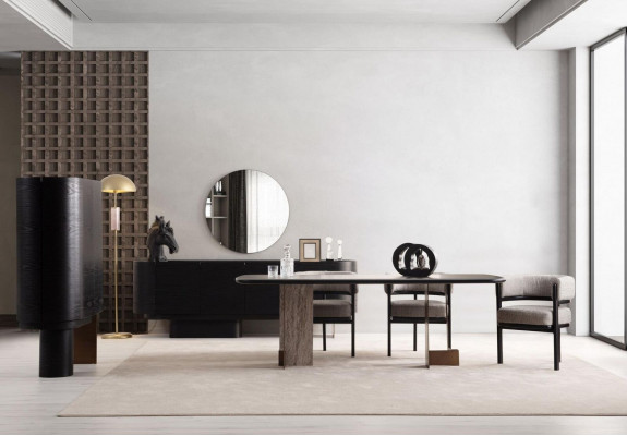 Suite de salle à manger design Table de salle à manger 6x Chaises Buffet Miroir 9 pièces