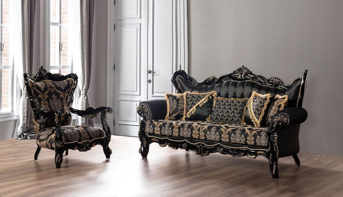 Mobilier baroque noir Ensemble de canapés Canapé Canapé Rembourrage Meuble Table 5 pièces