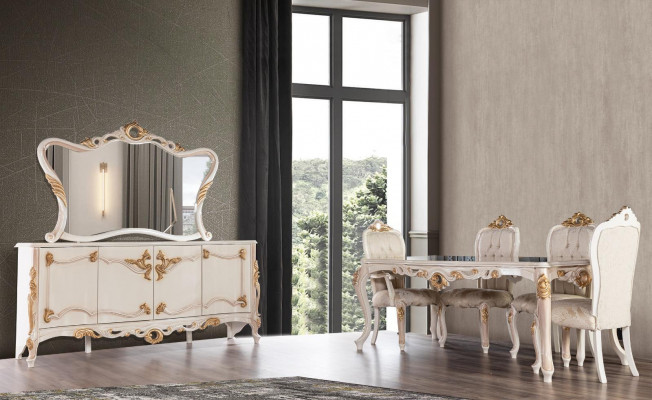 Table de salle à manger Suite Groupe Table de salle à manger Chaise Ensemble Buffet Miroir 6pcs