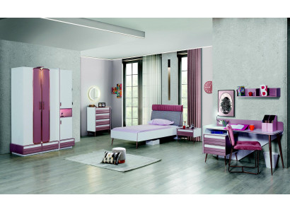 Chambre d'enfants Lit complet Armoire Commode Miroir Étagère murale 7 pièces