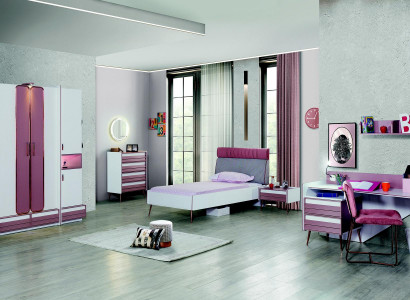 Chambre d'enfants Lit complet Armoire Commode Miroir Étagère murale 7 pièces