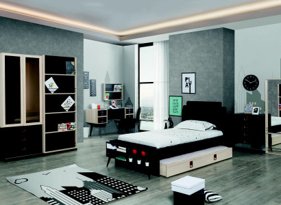 Ensemble de chambre à coucher moderne pour jeunes Lit Table de chevet Armoire Étagère murale Noir 6 pièces.