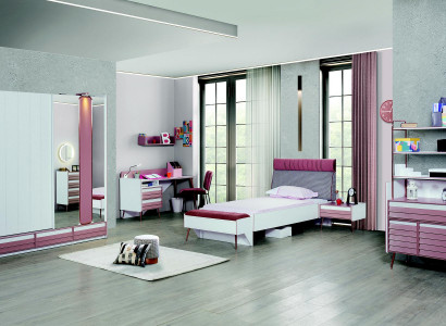Chambre d'enfants Ensemble 7 pièces Lit de luxe Table de chevet Commode Armoire Étagère murale