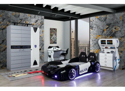 Chambre d'enfants ensemble pour jeunes avec lit de voiture, armoire et bureau. 4 pièces.