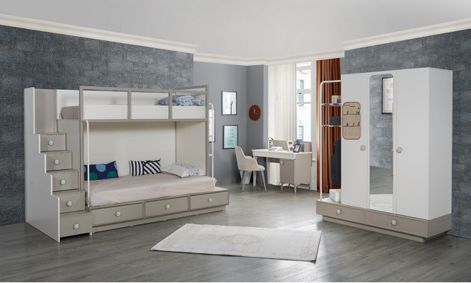 Chambre d'enfants Ensemble de chambre à coucher Meubles en bois Lit superposé Lit mezzanine Table 3 pièces