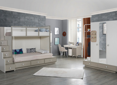 Chambre d'enfants Ensemble de chambre à coucher Meubles en bois Lit superposé Lit mezzanine Table 3 pièces