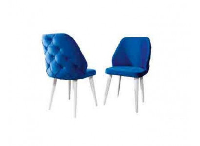 Chaise rembourrée en bois Bleu Dossier Chesterfield sur pieds blancs Salle à manger