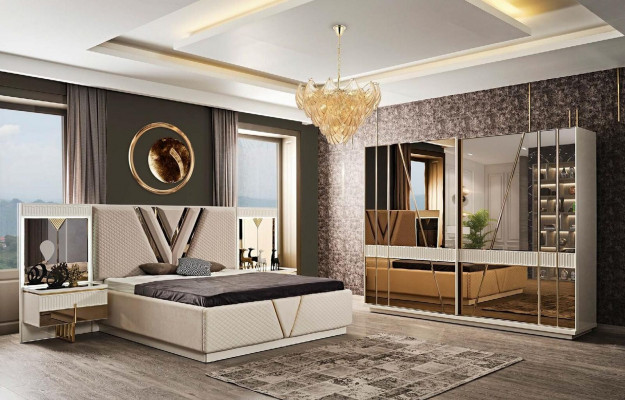 Chambre 4 pcs. Set Lit rembourré 2x tables de chevet Armoire de luxe