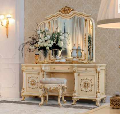 Miroir de table de toilette baroque Tables consoles en bois beige Ensemble de chambre