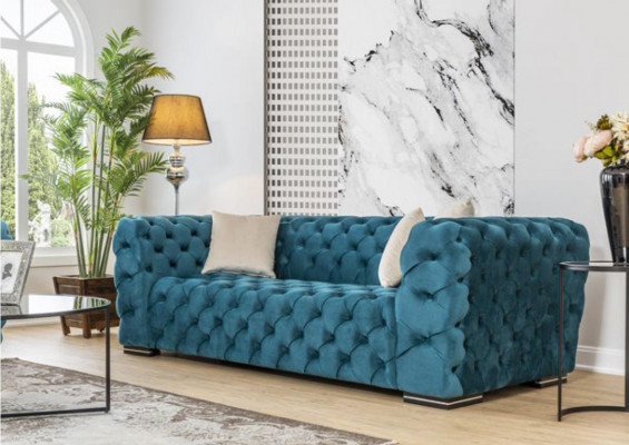Canapé Chesterfield 4 places Design Salon Rembourrage en tissu Bois Rembourrage Luxe Bleu