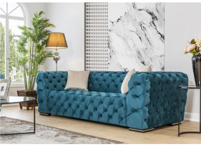 Canapé Chesterfield 4 places Design Salon Rembourrage en tissu Bois Rembourrage Luxe Bleu
