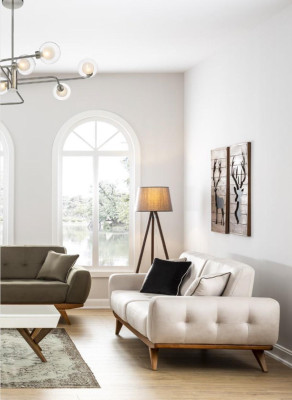 Canapé-classique 2 places Design Salon Tapisserie Bois Cuir Moderne Luxe Beige