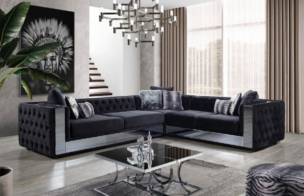 Canapé en cuir Chesterfield noir Canapé d'angle en suite Canapé en cuir de luxe.