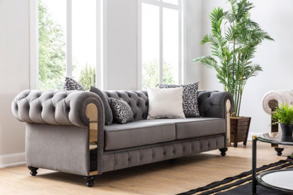 Salon de luxe Sofa 3 places Trois places Gris Chesterfield Canapés Classiques