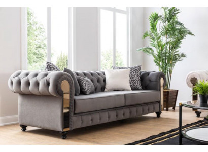 Salon de luxe Sofa 3 places Trois places Gris Chesterfield Canapés Classiques