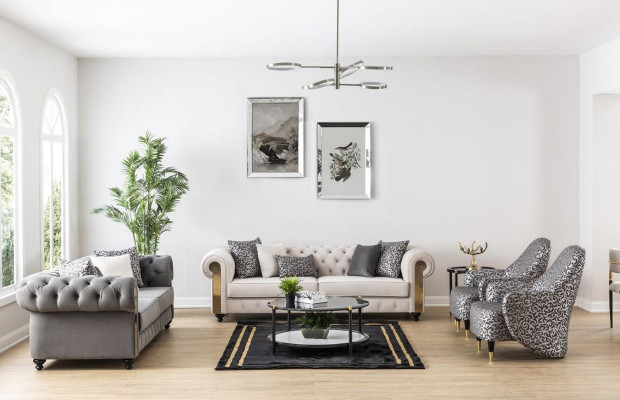 Salon de luxe Sofa 3 places Trois places Gris Chesterfield Canapés Classiques