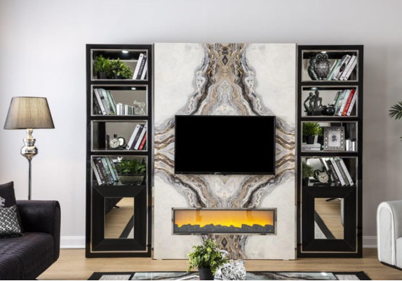 Unité murale de luxe pour salon avec téléviseur, armoire, murs en imitation marbre noir de 270 cm.